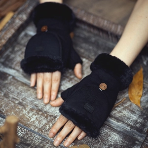 Winter faux suede black convertible gloves with plush trim and wooden button for women