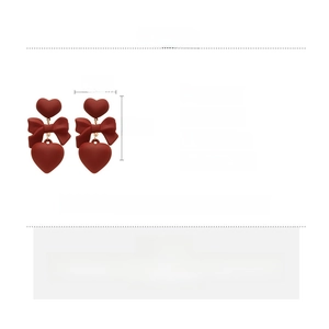 Infographic showing material, weight and size details for red heart bow earrings