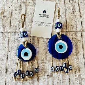 Blue glass Turkish Evil Eye hanging decor with jute rope and protection card