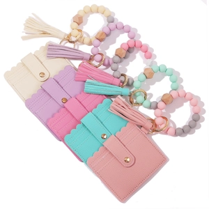 PU Leather Card Holder Silicone Wood Beaded Wristlet Keychain With Tassel Sport Pattern American Flag Style For Women
