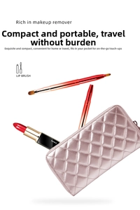 Dual-head retractable lip brush and lipstick set with a pink quilted travel pouch
