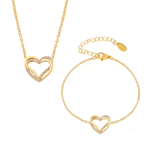 Set collana e bracciale a doppio cuore dorato con zirconi brillanti incastonati