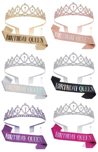 Detailed grid view of 6 colorful BIRTHDAY QUEEN sash sets with sparkling crystal crowns