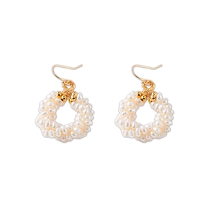Elegant woven freshwater pearl earrings with gold hooks on a clean white background