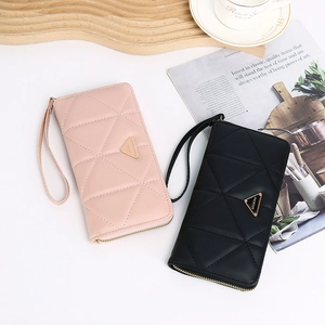 Elegant quilted long zip wallet in black and pink PU leather with wrist strap