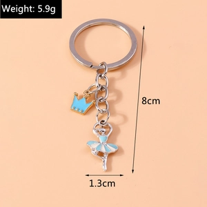 Silver ballet girl keychain with blue crown pendant and product size specifications
