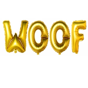 Χρυσά γράμματα μπαλονιού WOOF για διακόσμηση πάρτι γενεθλίων σκύλου σε λευκό φόντο
