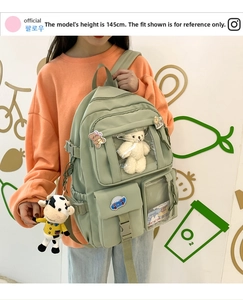 Dettaglio dello zaino verde menta con finestra trasparente e inserto con orsetto di peluche