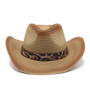 Western Cowboy Straw Hat Gradient Color Leopard Print Band Wide Brim Outdoor Sun Protection Fedora For Men And Women