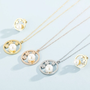 Collier Et Boucles D'oreilles En Acier Inoxydable Avec Künstliche Perle Cercle Creux Étoile Tige En Argent 925 Pour Femmes