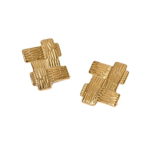 Vintage geometric gold woven textured stainless steel earrings on white background