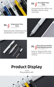 Detail view of portable multi-tool pen showing pocket clip and ergonomic textured grip