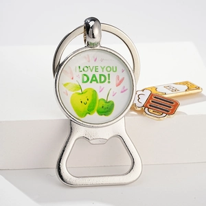 Detail view of American beer bottle opener keychain with green apple design for Father's Day