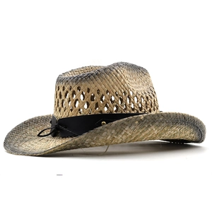Handmade woven straw cowboy hat with gradient finish and breathable hollow crown design
