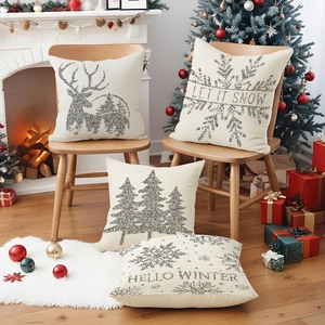 Lot de 4 housses de coussin de Noël en lin avec flocons pour décoration de salon