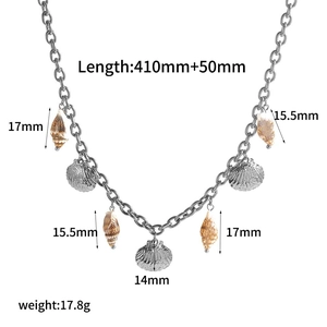 Detailed view of sea shell pendants on a stainless steel necklace with size specifications