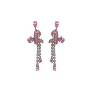 Pink butterfly tassel earrings with sparkling zircon stones in a long silver dangle style