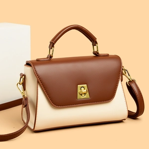 Minimalist two-tone crossbody bag with brown flap, cream body and gold metal buckle