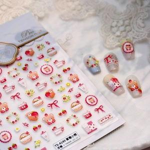 3D embossed strawberry bear nail art stickers TS-4149 with cute floral patterns