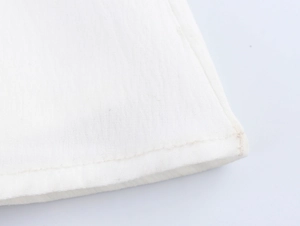Detailed close-up of white crochet fabric texture and high-quality double stitching edge