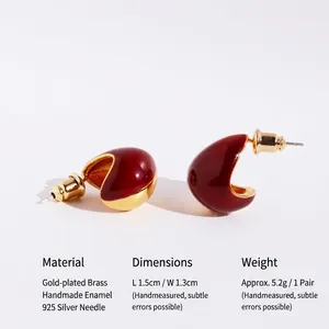 Elegant red enamel water-drop earrings with gold plating and 925 silver needles