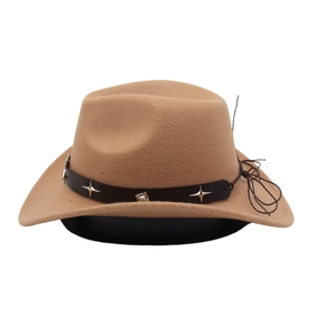 Close-up of khaki felt cowboy hat with brown leather belt and silver star rivets