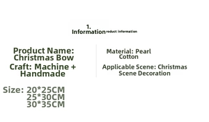 Detailed size chart for red glitter Christmas bows in three dimensions and materials