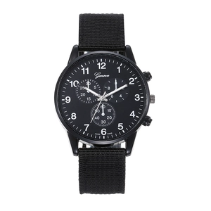 Detailed shot of the Geneva men's black quartz watch featuring a durable nylon strap