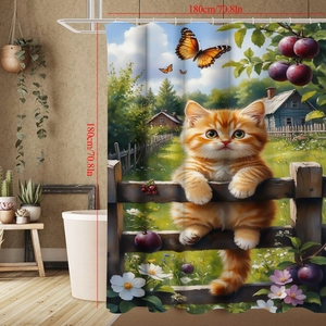 Waterproof shower curtain 180x180cm featuring a cat on a fence and garden scenery