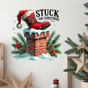 Christmas wall decal featuring red boots and chimney on a minimalist white wall