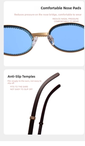 Close-up of golden metal frame sunglasses featuring comfortable nose pads and UV400 protection