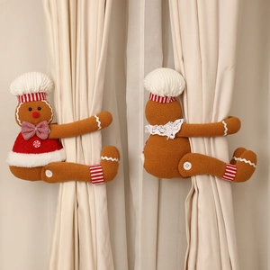 Christmas gingerbread man plush curtain buckle with red white striped hat and bow decoration