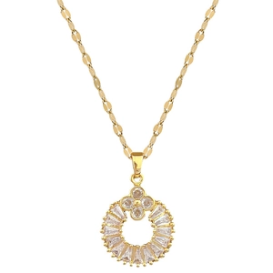 Elegant gold titanium clover necklace with circular halo and white zircon inlay for women