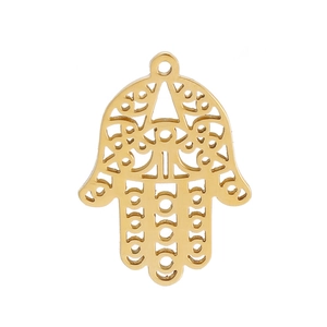Detailed view of a golden hollow Hamsa Hand pendant for DIY jewelry making with intricate patterns