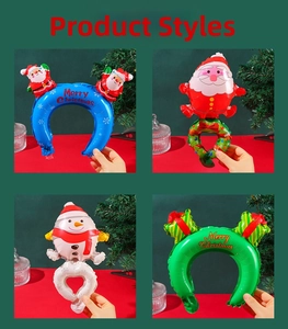 Detail showing four Christmas foil balloons with Santa, snowman and wreath designs