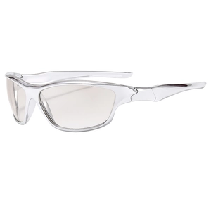 Y2K cyberpunk sports sunglasses with silver metallic frame and clear lenses in 45-degree view