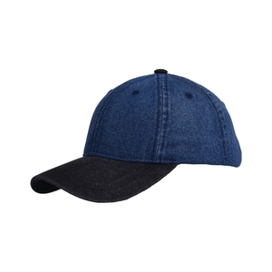 Detail of blue denim baseball cap with black brim and contrast stitching structure