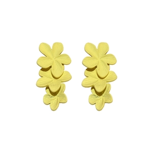Vibrant lemon yellow triple flower drop earrings with matte finish for women