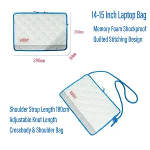 White quilted space cotton laptop sleeve with red today logo and blue trim detailing
