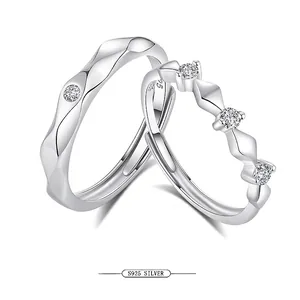 925 Sterling Silver Couple Rings Wave Geometric Cubic Zirconia Inlaid Adjustable Open Design Jewelry Gift For Men Women