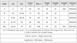 Größentabelle für zerrissene Denim-Shorts mit hoher Taille und US/EU-Maßen in Zentimetern
