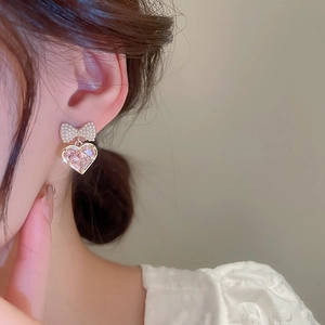 Pink heart crystal bow earrings with gold plating and cubic zirconia for women