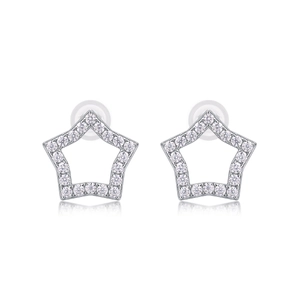 Close-up of star-shaped sterling silver stud earrings with white zircon inlays