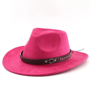 Detail of fuchsia faux suede cowboy hat with studded brown band and silver ring accent
