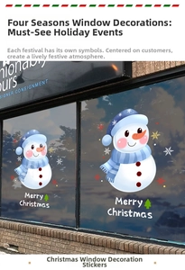 Détails des stickers de Noël avec bonhomme de neige et flocons sur une vitrine en verre