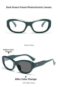 Detailed comparison of dark green photochromic cat eye glasses before and after sun exposure
