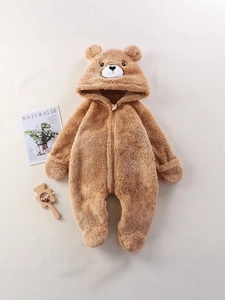 Combinaison bébé en peluche marron avec oreilles d'ours et polaire chaude hiver