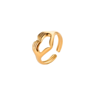 Detail of gold-plated hugging hands ring forming an open heart shape with a polished finish