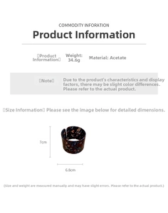 Size chart showing 34.6g weight and dimensions 7cm by 6.8cm for the acetate open bangle