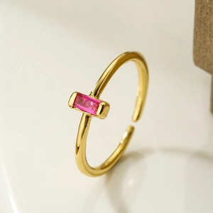 French minimalist gold-plated ring with rectangular red zircon and adjustable open band